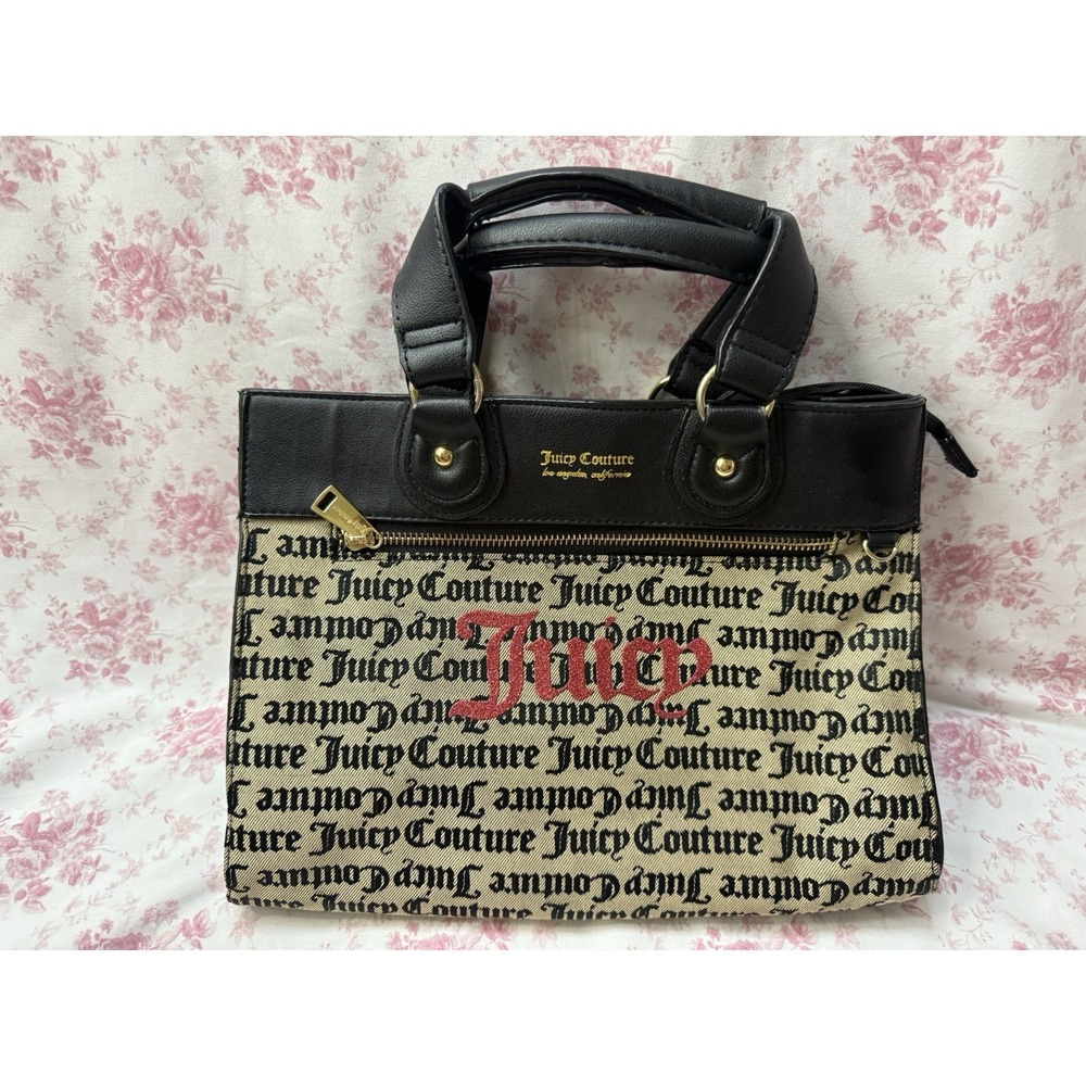 Juicy Couture Logo Satchel Handbag Black Canvas Faux Leather 10x12